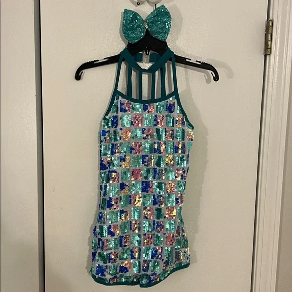 LYLESS SIZE CHILD LG. Blue & green. Leotard w/ bow great condition. - Picture 1 of 3
